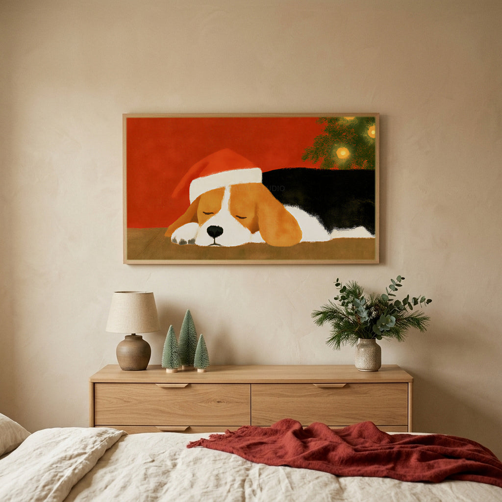 Sleeping beagle TV art above an oak dresser with small bottle-brush trees in a calm bedroom