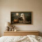 Ghost reading a book Halloween TV art above an oak dresser in a calm bedroom
