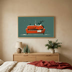 Reindeer on a sofa TV art above an oak dresser with small bottle-brush trees in a calm bedroom