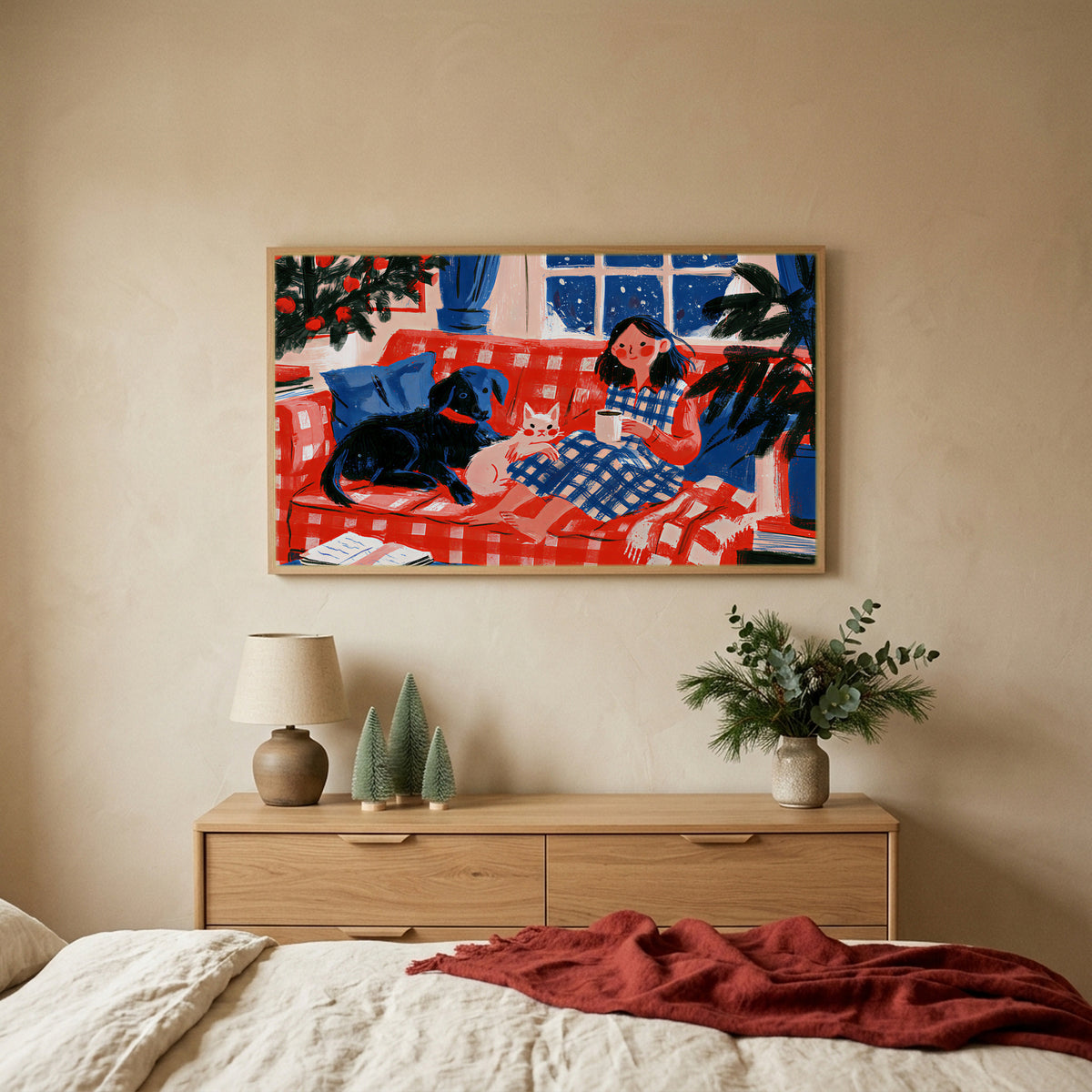 Cozy Christmas evening Christmas TV art above an oak dresser with small bottle-brush trees in a calm bedroom