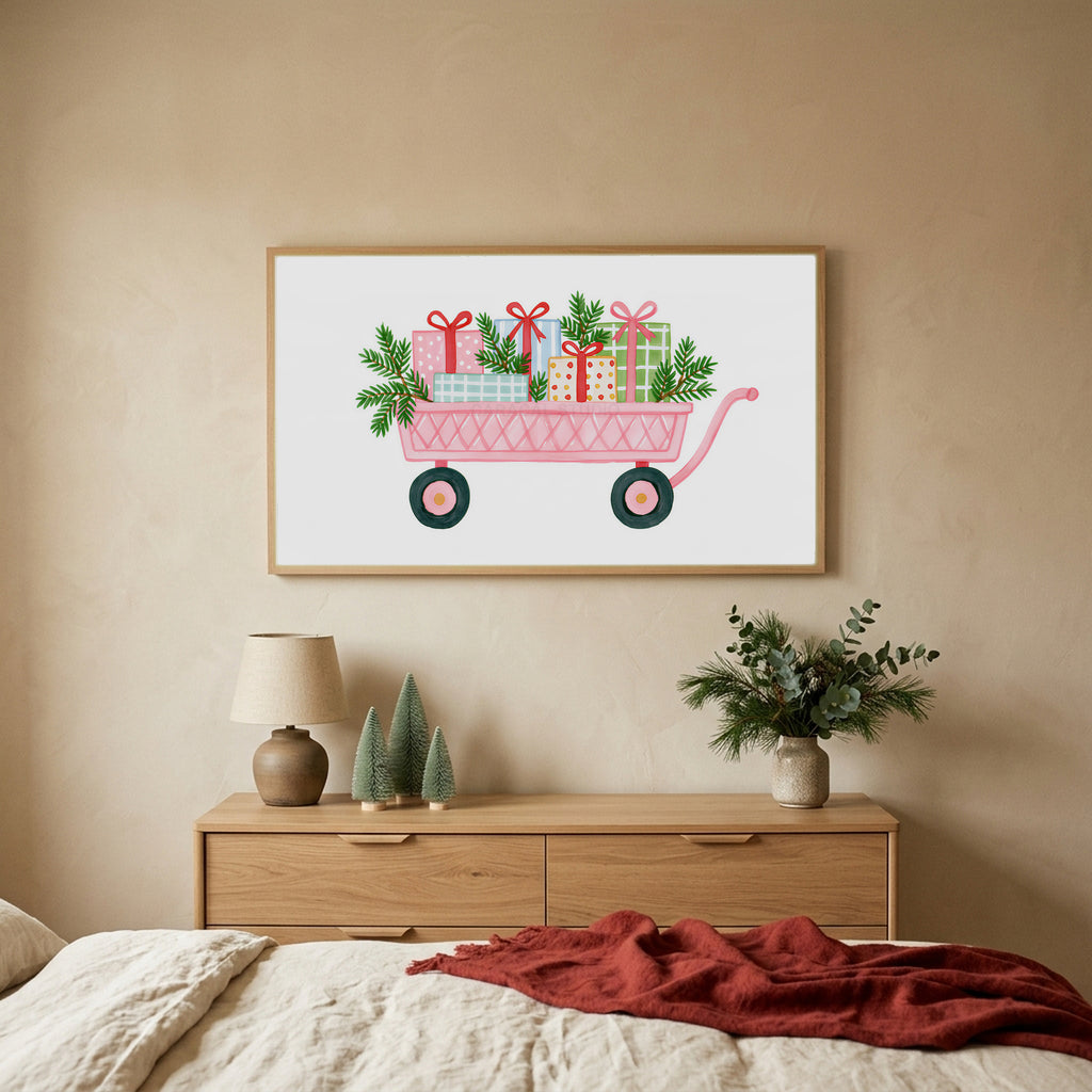Pink wagon with gifts TV art above an oak dresser with small bottle-brush trees in a calm bedroom