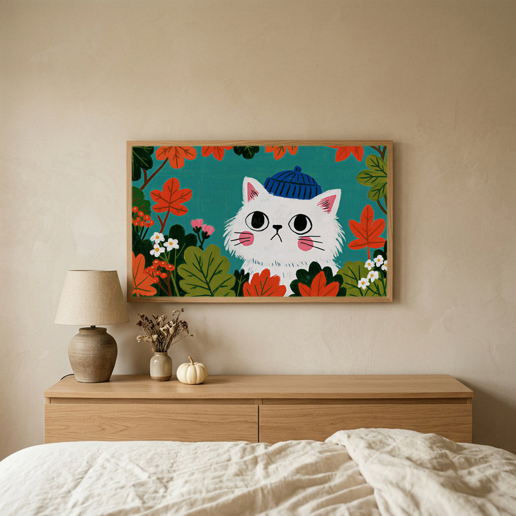 Autumn cat TV art above an oak dresser in a calm bedroom