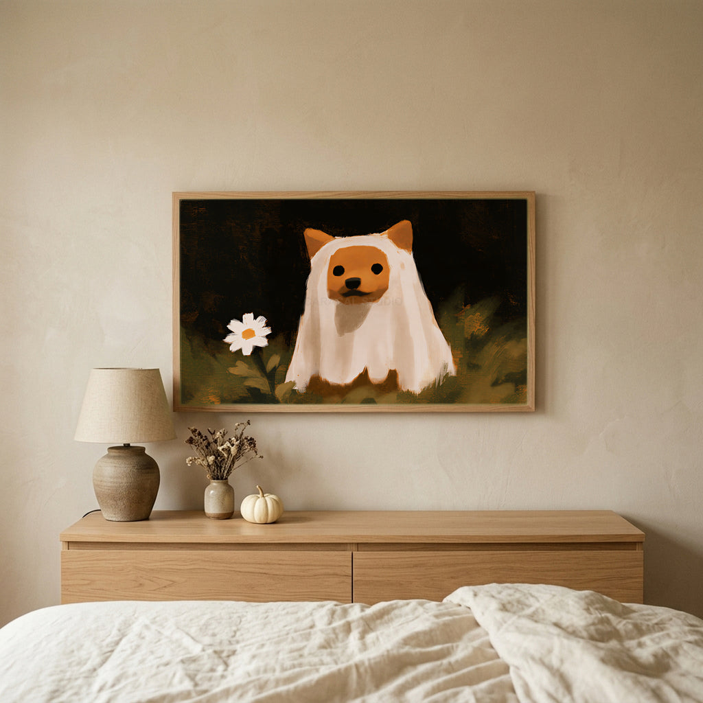Shiba inu ghost Halloween TV art above an oak dresser in a calm bedroom