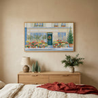 Paris flower shop Christmas TV art above an oak dresser with small bottle-brush trees in a calm bedroom