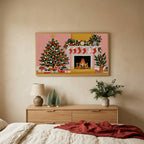 Tree and fireplace TV art above an oak dresser with small bottle-brush trees in a calm bedroom