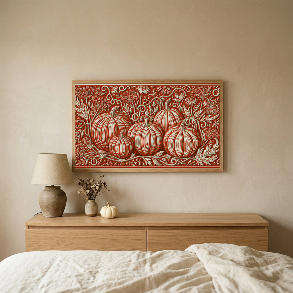 Folk art pumpkins TV art above an oak dresser in a calm bedroom