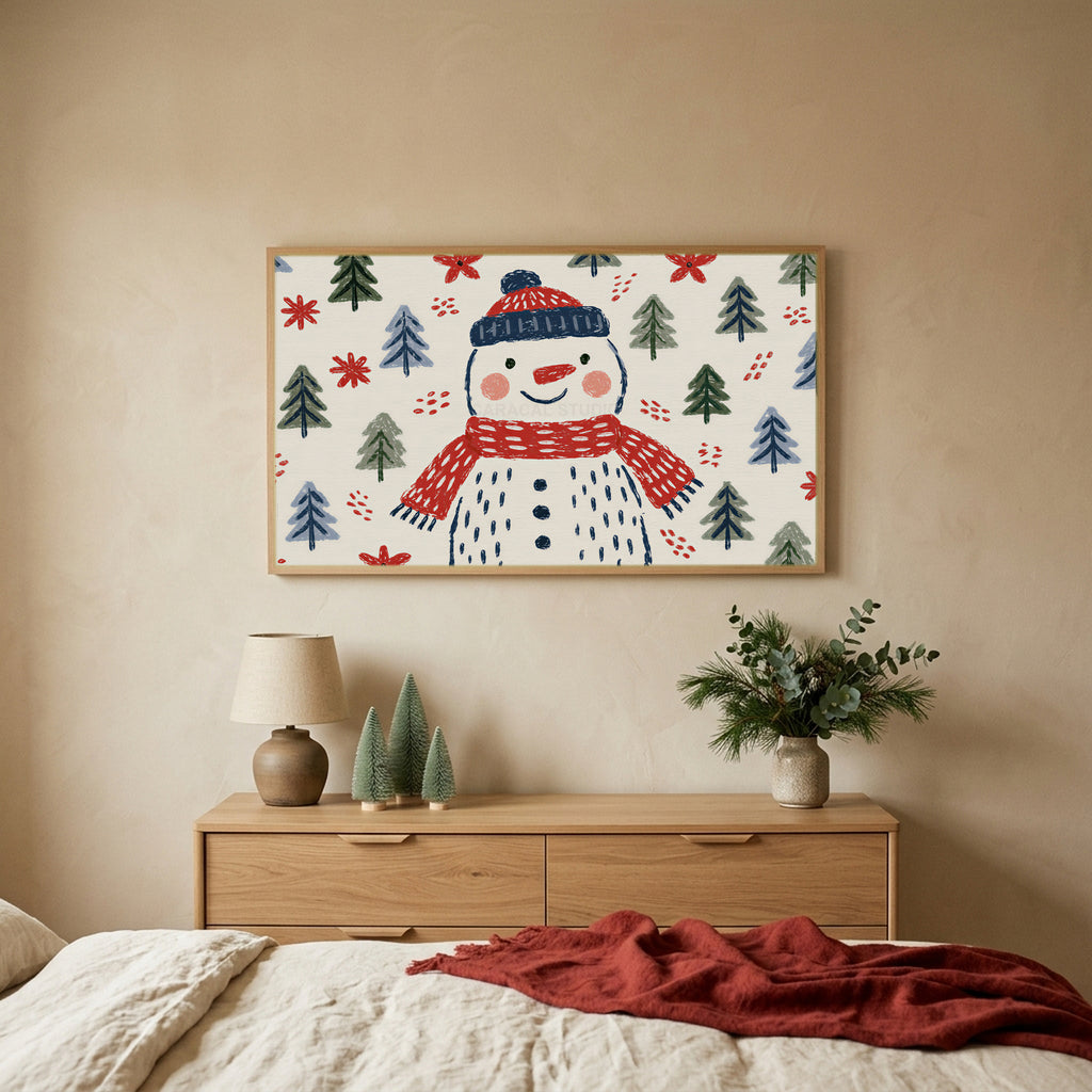 Snowman TV art above an oak dresser with small bottle-brush trees in a calm bedroom