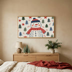Snowman TV art above an oak dresser with small bottle-brush trees in a calm bedroom