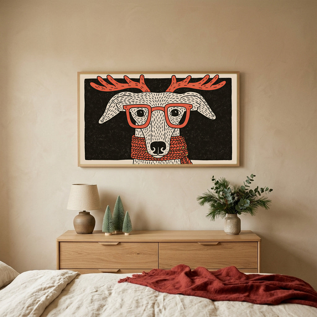 Whippet with reindeer antlers Christmas TV art above an oak dresser with small bottle-brush trees in a calm bedroom