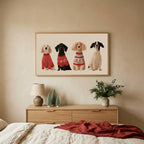 Dogs in holiday sweaters TV art above an oak dresser with small bottle-brush trees in a calm bedroom