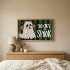 Dog ghost TV art above an oak dresser in a calm bedroom