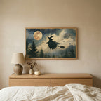 Flying witch Halloween TV art above an oak dresser in a calm bedroom