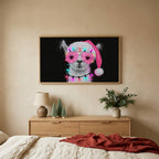 Llama in a Santa hat TV art above an oak dresser with small bottle-brush trees in a calm bedroom