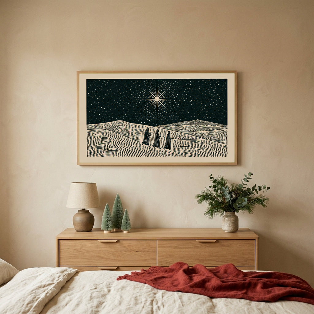 Three wise men TV art above an oak dresser with small bottle-brush trees in a calm bedroom