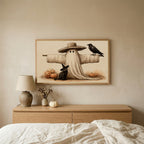 Vintage Halloween TV art above an oak dresser in a calm bedroom