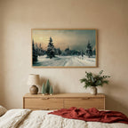 Snowy forest TV art above an oak dresser with small bottle-brush trees in a calm bedroom