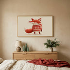 Fox in a holiday sweater TV art above an oak dresser with small bottle-brush trees in a calm bedroom