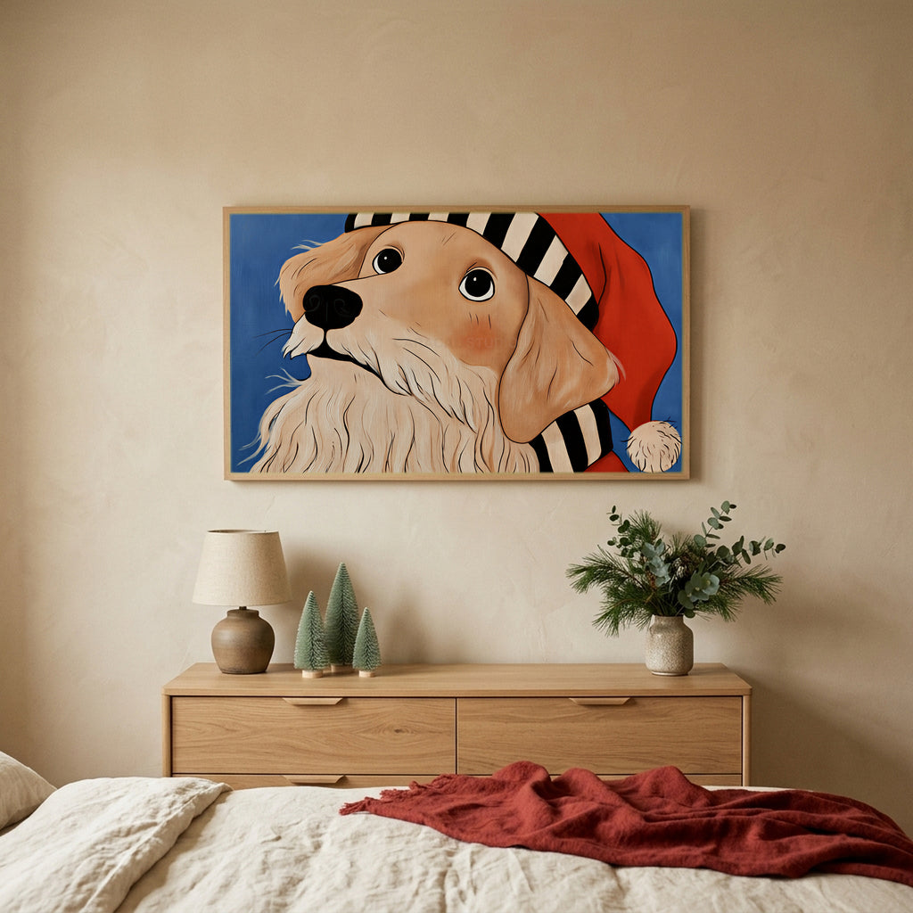 Golden retriever in a Santa hat TV art above an oak dresser with small bottle-brush trees in a calm bedroom