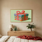 Gift box TV art above an oak dresser with small bottle-brush trees in a calm bedroom