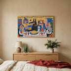 Folk art Christmas dinner TV art above an oak dresser with small bottle-brush trees in a calm bedroom