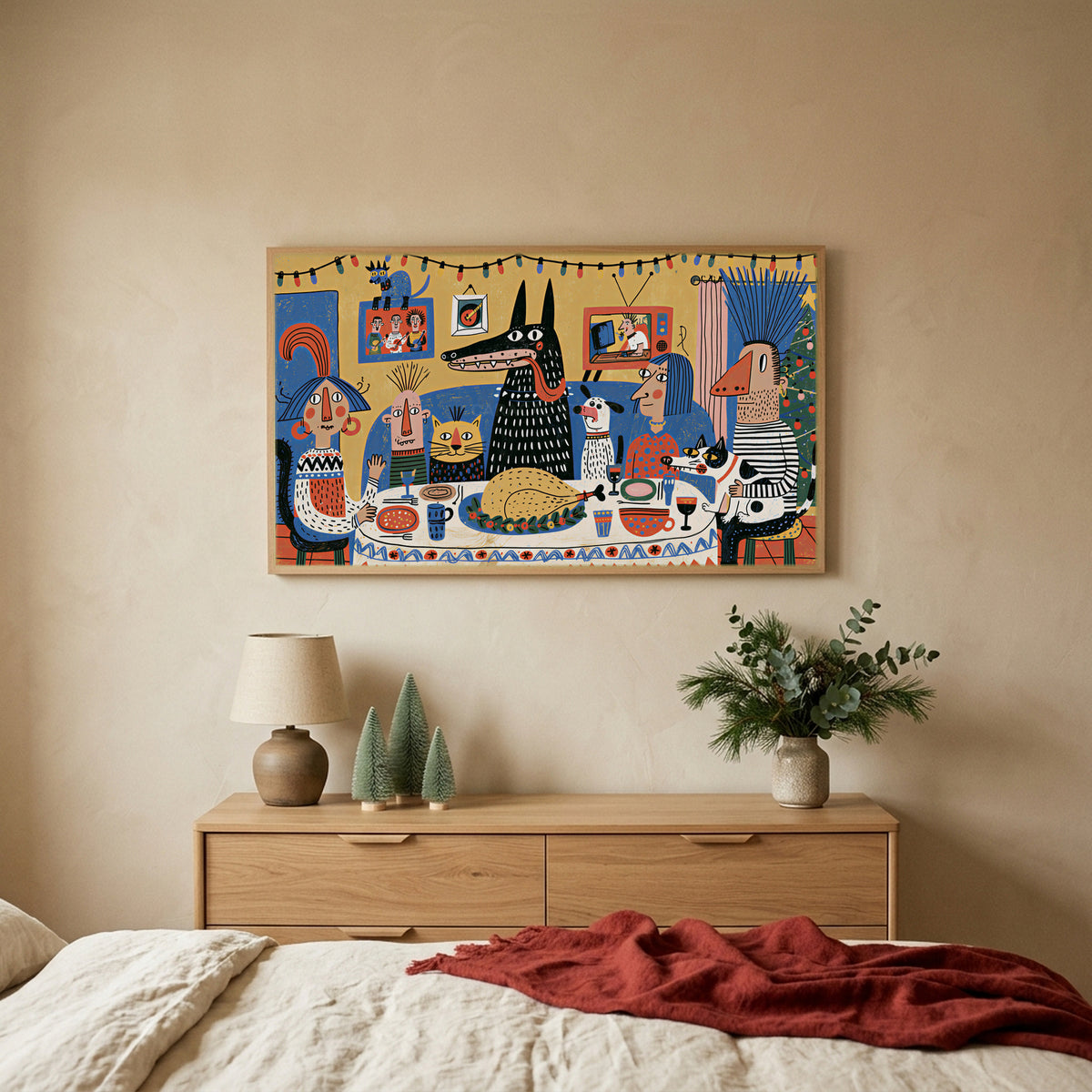 Folk art Christmas dinner TV art above an oak dresser with small bottle-brush trees in a calm bedroom