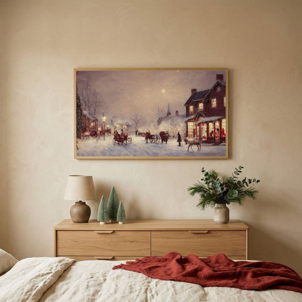 Snowy town with reindeer sleighs Christmas TV art above an oak dresser with small bottle-brush trees in a calm bedroom