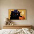 Black cat in a witch hat Halloween TV art above an oak dresser in a calm bedroom