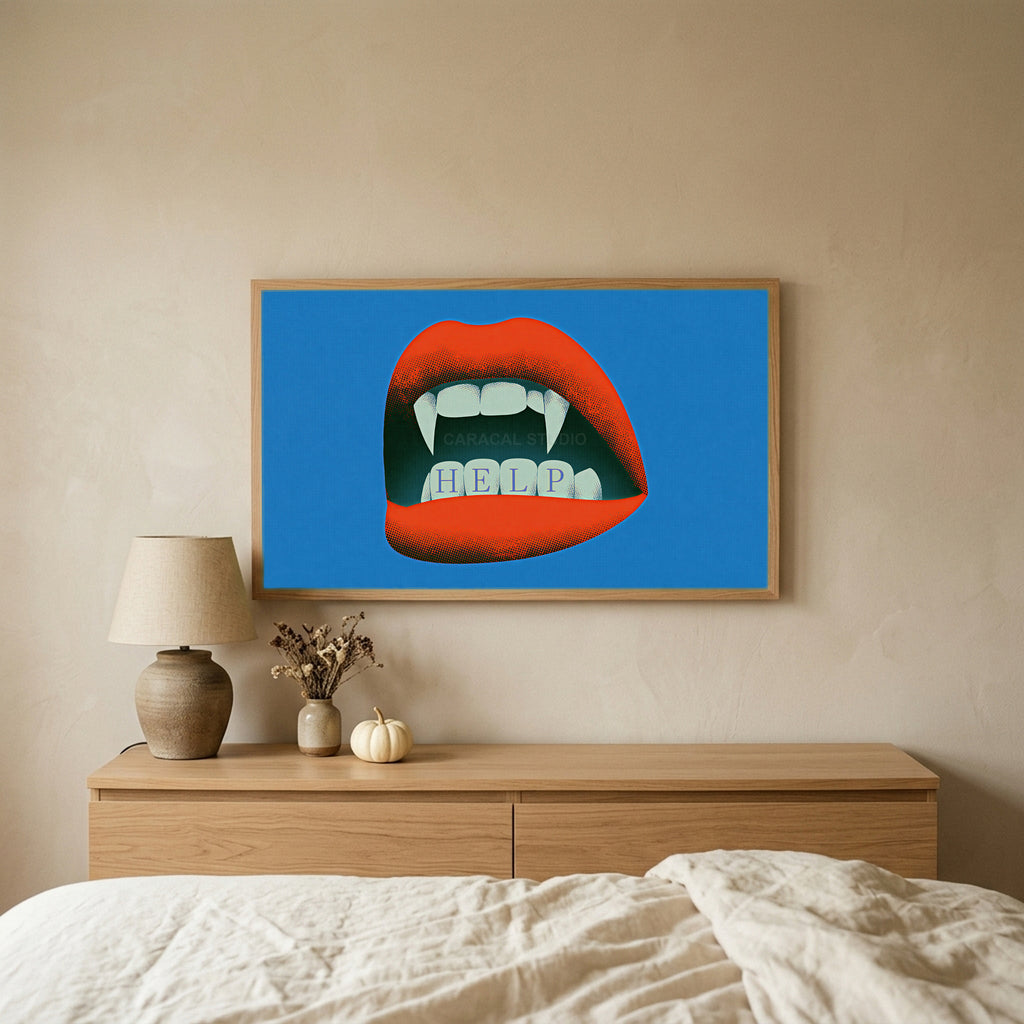 Vampire fangs Halloween TV art above an oak dresser in a calm bedroom