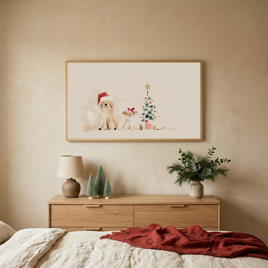 Dogs by a Christmas tree Christmas TV art above an oak dresser with small bottle-brush trees in a calm bedroom