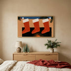 Stockings on the mantel TV art above an oak dresser with small bottle-brush trees in a calm bedroom