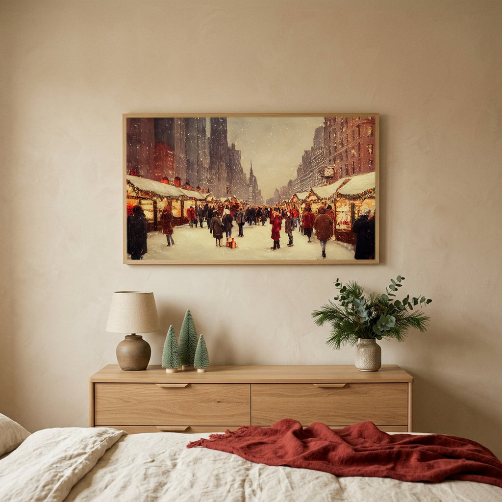 New York holiday market Christmas TV art above an oak dresser with small bottle-brush trees in a calm bedroom