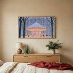 Snowy carousel TV art above an oak dresser with small bottle-brush trees in a calm bedroom