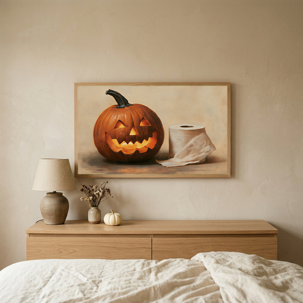 Jack-o'-lantern and toilet paper Halloween TV art above an oak dresser in a calm bedroom