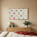 Christmas holly and candy cane pattern TV art above an oak dresser with small bottle-brush trees in a calm bedroom
