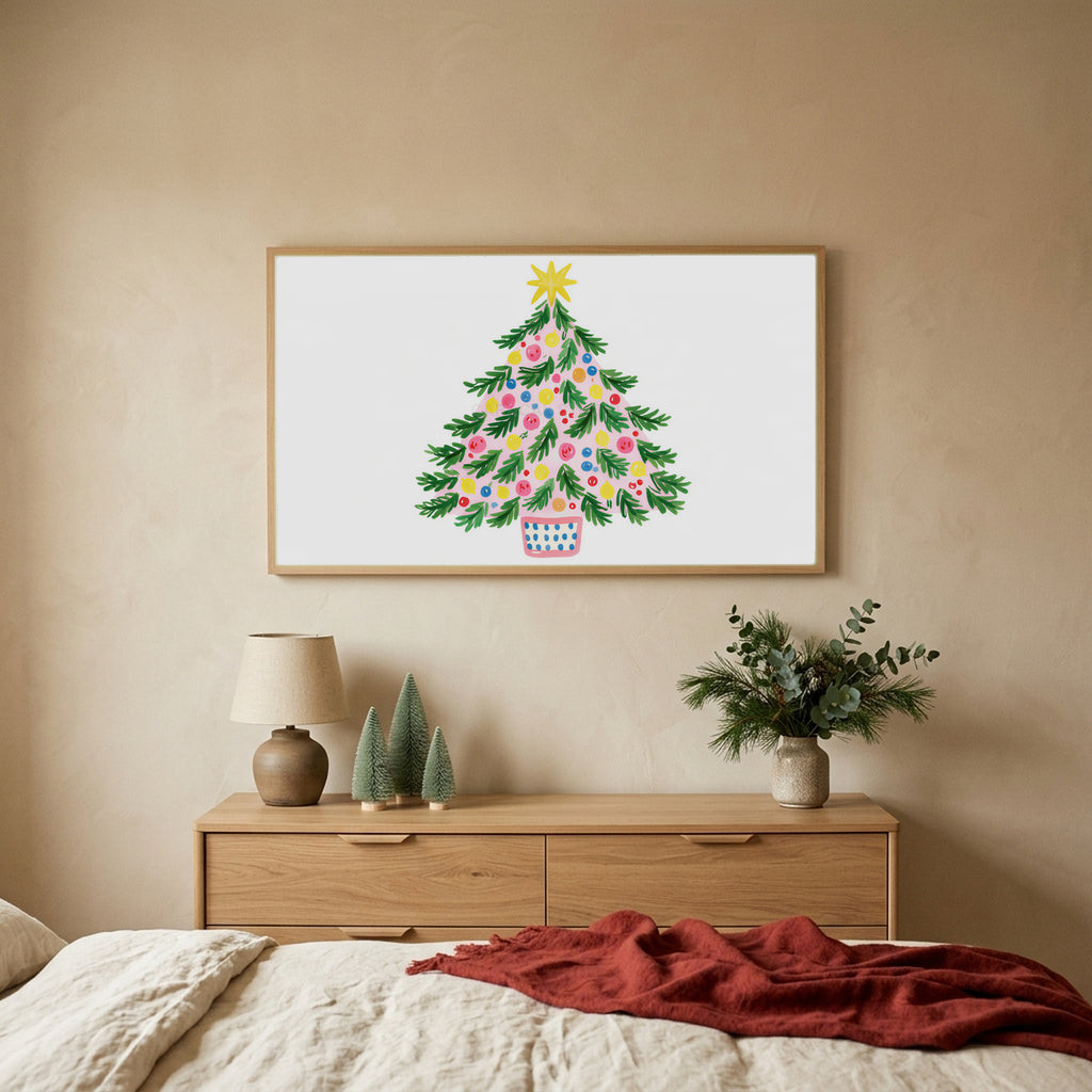 Colorful Christmas tree TV art above an oak dresser with small bottle-brush trees in a calm bedroom