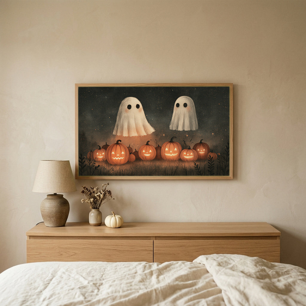 Two ghosts and jack-o'-lanterns Halloween TV art above an oak dresser in a calm bedroom