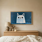 Cat eared ghost TV art above an oak dresser in a calm bedroom