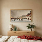 Christmas village street Christmas TV art above an oak dresser with small bottle-brush trees in a calm bedroom