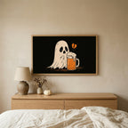 Sad ghost and beer TV art above an oak dresser in a calm bedroom