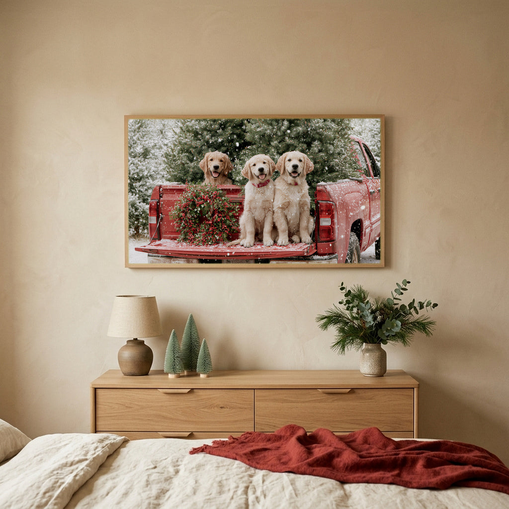 Christmas puppies TV art above an oak dresser with small bottle-brush trees in a calm bedroom