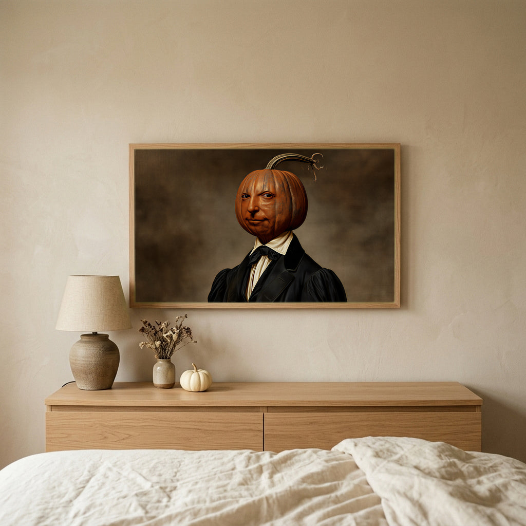 Pumpkin head portrait Halloween TV art above an oak dresser in a calm bedroom