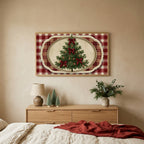 Vintage tree on plaid TV art above an oak dresser with small bottle-brush trees in a calm bedroom