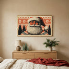Santa portrait TV art above an oak dresser with small bottle-brush trees in a calm bedroom