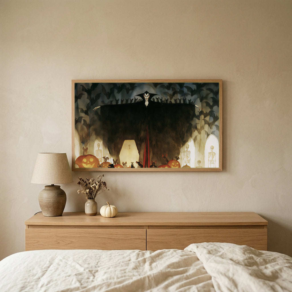 Vampire Halloween TV art above an oak dresser in a calm bedroom