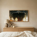 Vampire Halloween TV art above an oak dresser in a calm bedroom