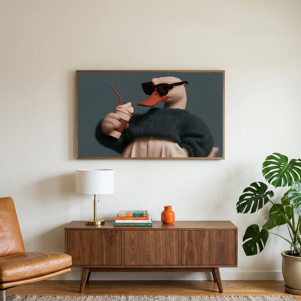 Cool duck art on a TV above a walnut credenza with a brass lamp and a monstera plant