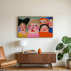 Funny faces portrait art on a TV above a walnut credenza with a brass lamp and a monstera plant