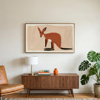 Minimalist wallaby art on a TV above a walnut credenza with a brass lamp and a monstera plant