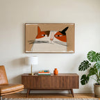 Calico cat face art on a TV above a walnut credenza with a brass lamp and a monstera plant