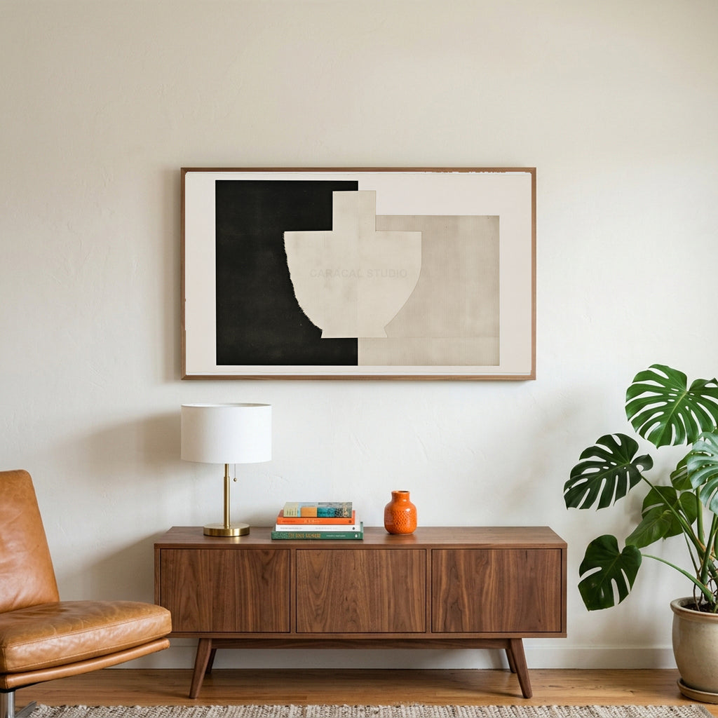 Torn paper vase collage art on a TV above a walnut credenza with a brass lamp and a monstera plant